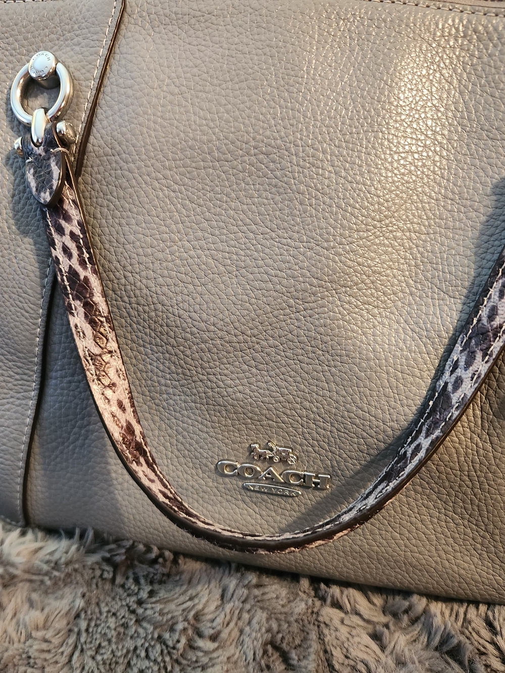 Coach Pebbled Leather Shoulder Bag in Light Gray with Snake-Print Strap